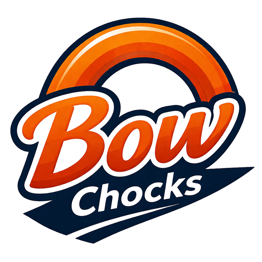 Bow Chocks logo: orange script Bow over a navy chock-shaped swoosh with Chocks in white