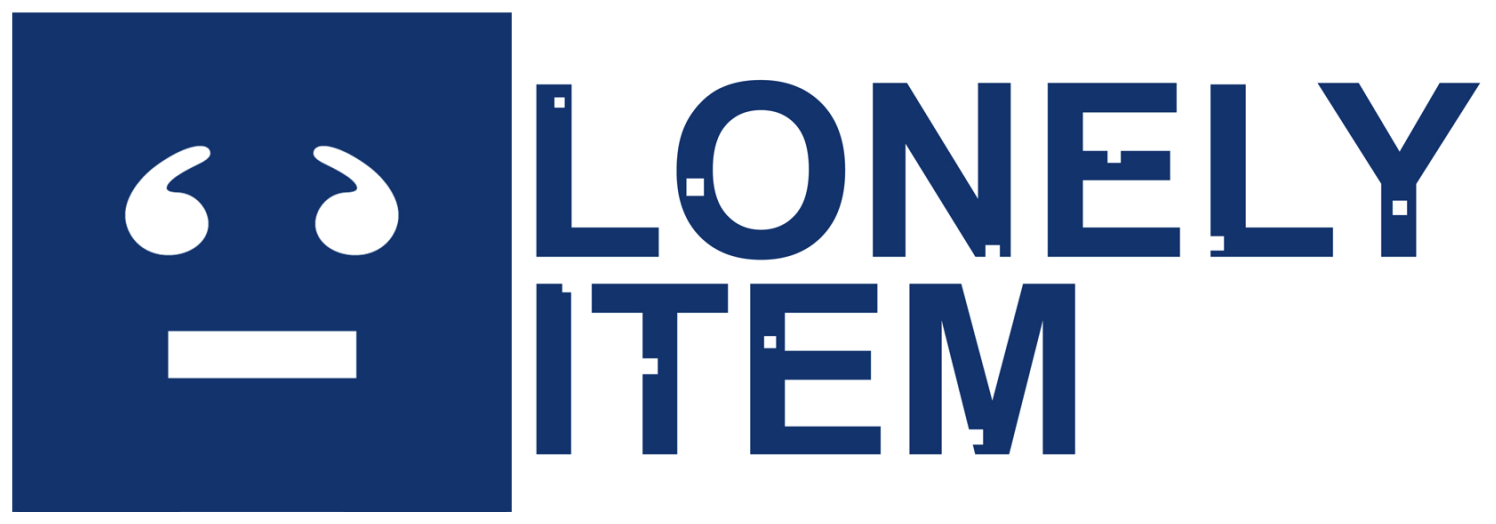 Lonely Item logo: a navy square with a sad face beside LONELY ITEM lettering