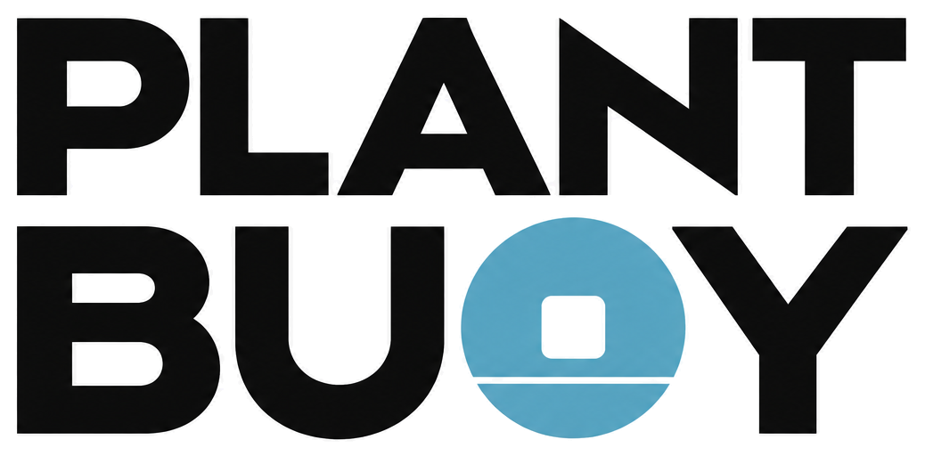 Plant Buoy logo: bold PLANT BUOY lettering with the O as a blue buoy
