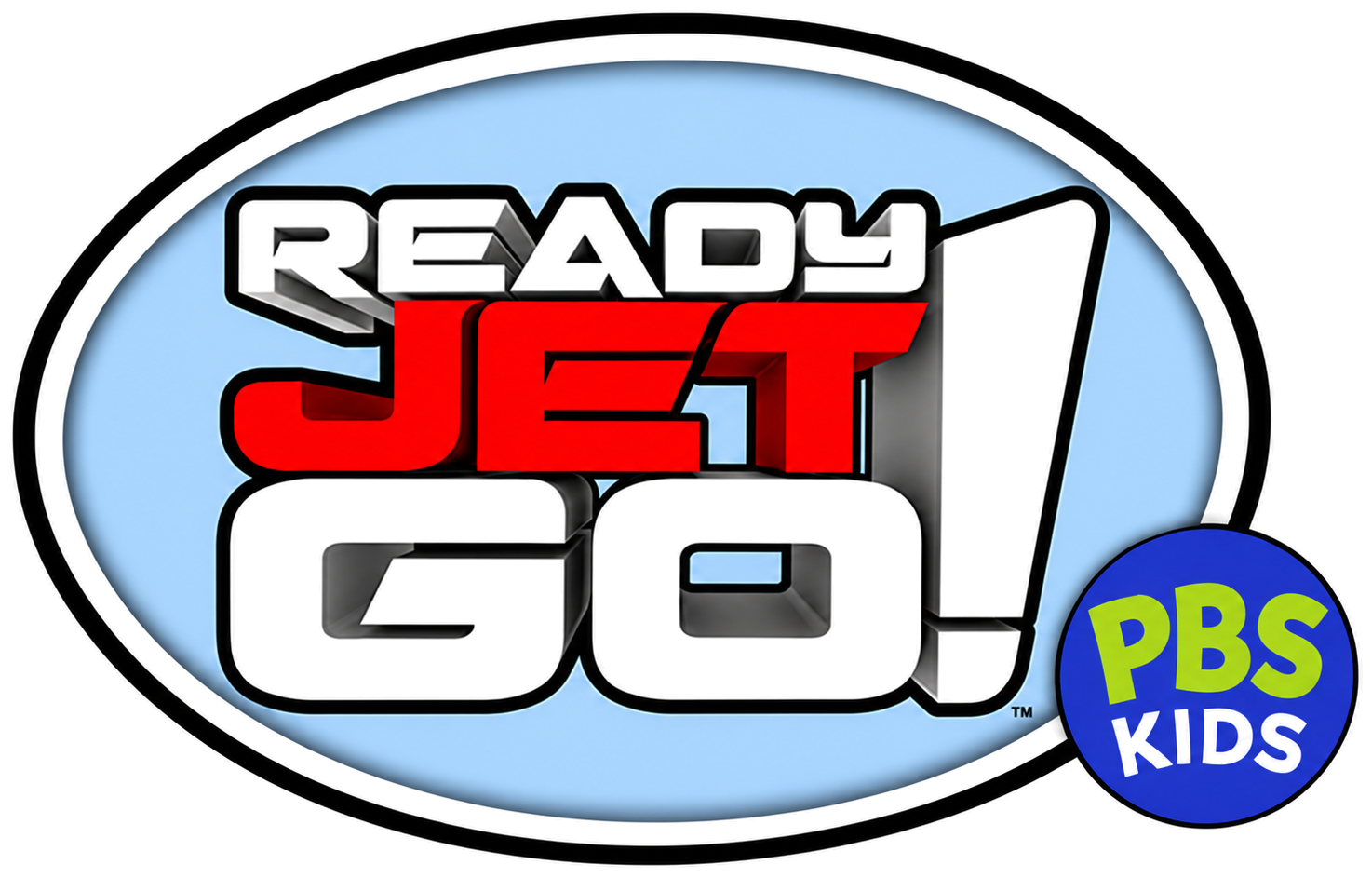 Ready Jet Go logo: bold 3D READY JET GO! lettering in a blue oval with a PBS KIDS badge